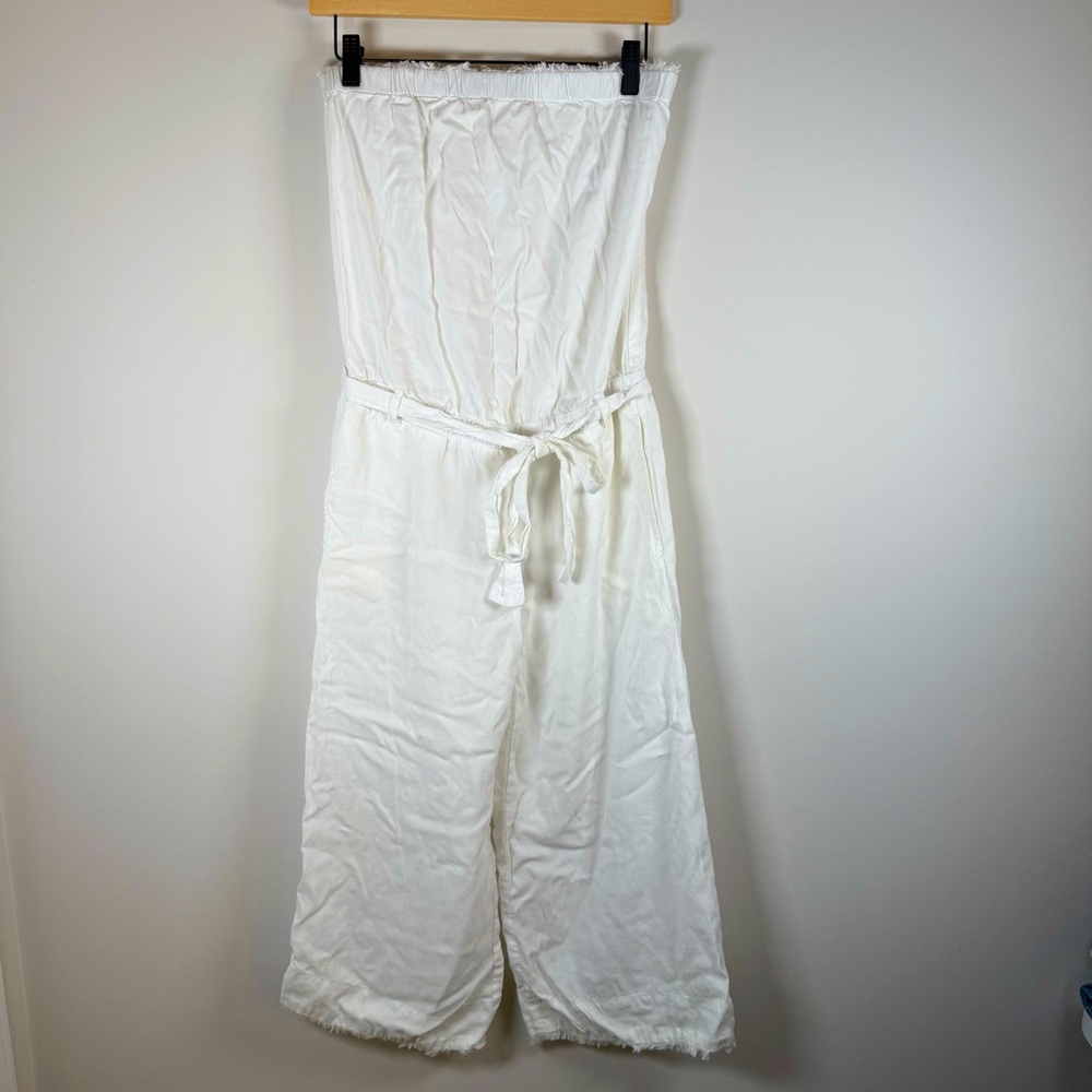 Cloth & Stone Strapless Fringe Trim Tie Waist One Piece Jumpsuit White Small